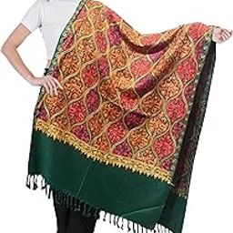 Women Solid Woolen Kashmiri Full Embroidery Work Shawl (SC-amt-Matka) (Dark Green)-image-51