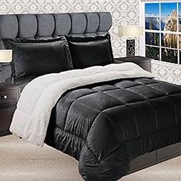 Elegant Comfort Heavy Weight Micromink Sherpa-Backing Reversible Down Alternative Micro-Suede 2-Piece Comforter Set, Twin, Black-image-86