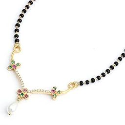 Swiss Zirconia Floral Pendant 925 Sterling Silver 18K 1gm Gold Plated Nickel free Hypoallergenic Black Mani Pearl drop Necklace Mangalsutra | Tanmaniya Jewellery |Gift for Women-image-52