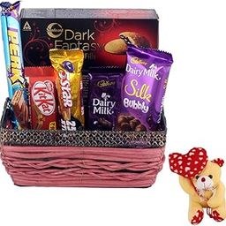 SFU E Com Tasty Chocolates Gift Hamper With Beautiful Basket | Valentine Heart Teddy Bear With Chocolate Combo | Valentine Chocolate Hamper | 721-96
