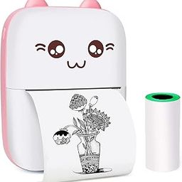 Mini Bluetooth Thermal Printer, Portable Label Printer Inkfree Printer for Android & iOS System, Black on White Thermal Printer with Roll of Print Paper, Stickers, Pink (Style 3)-0