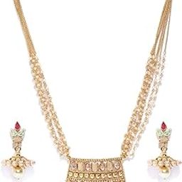 Multicolor Geometric Pattern Traditional Jewellery Set for Women with Jhumka Earrings | Gold-Plated | Layered Chain Pearls Jewellery Set for Women | Wedding, Puja-image-2