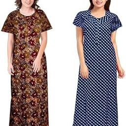 AALIT Nighty for Women Cotton Printed Maxi Gown Ankle Length Nighty Night Dress Gown for Women Maxi - Free Size (Pack of 2) (Free Size, Blue&Brown)-image-94