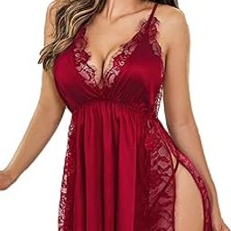 V-Neck Lace Nightwear for Women II Elegant Design Cross Back Straps Side Slits II Lace Nightwear Nightgown-17