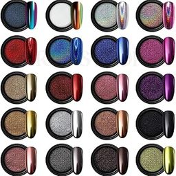 THR3E STROKES Chrome Nail Powder Metallic Mirror Glitter Effect Pigment Iridescent Aurora Mermaid Pearl Dust Kit for Gel Polish Nail Art Decoration, Resin Craft Arylic Powder (20)-32