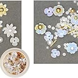 S.A.V.I (Set of 2) Nail Art Set Rivet Rhinestone Resin Decoration Shell Flower Blue and White with Pearls Golden Beads Mixed Sizes For Manicure, 10g each (Set-2)-50