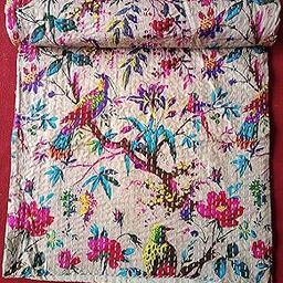 Handmade Birds Bedcover Bedspread Kantha Quilt Indian Bedding Blue Grey Handmade Throw Tapestry Hand Embroidered Pure Cotton Quilted Bedding Singel(60X90 INCH)-image-11