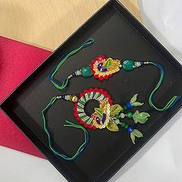 Traditional Lumba Rakhi and Dori Style Rakhi Set for Bhaiya Bhabhi, Handcrafted with Beads and Golden Accents, Multicolour-image-11