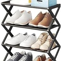 V9 4 Layer Narrow Shoe Rack, ABS Plastic & Fabric, 8-12 Pairs, Steel Pipe, Corner Folding, Black-48