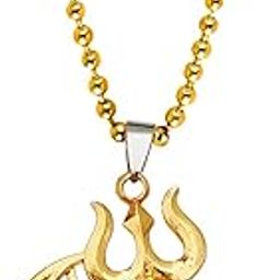 Religious Lord Shiva Om Trishul Locket Gold Brass, Cubic Zirconium Crystal Pendant Necklace Chain for Men and Women-image-89