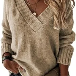chuongkaiye Women's V-Neck Long Sleeve Pullover Knitted Sweater Solid Color Loose Fit Autumn Winter Sweater-picture-41