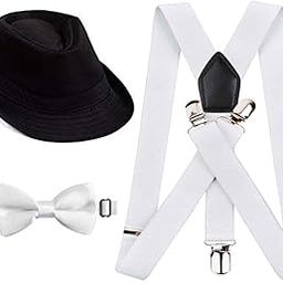 White Suspender and Bow Tie Set with Black Hat for Men-image-0