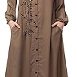 Front Open one side Thread embroidery Casual Abaya (Long Embroidery Khaki Abaya)-16