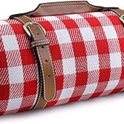 RealPero Extra Large Picnic Blanket Family Size High-end Fabric with PU Carrier Classic Red White Plaid Waterproof Light Weight and Portable Skin Friendly Outdoor Mat for Travel Lawn Sand-Proof Beach-image-6