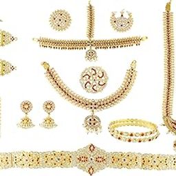 Gold Plated Copper & Base Metal and Pearl, Kempu Bharatanatyam Dance Jewellery Full Set for Women (Set of 10) (Yellow)-image-0