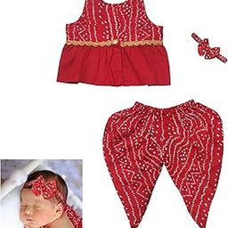 The Root And Craft Kids Birthday Photoshoot Outfit Dress Girls Bandhani printed Top With Dhoti pant & Hairband Born Baby Photography Photoshoot Props(0to 18 Month)-image-2