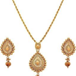 Jewellery for Less Traditional Ethnic 1 gram Gold Plated Drop Shape Pendant Set with Stud Earrings and Bead Chain for Women and Girls.,Valentine-image-69