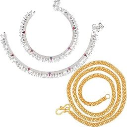 Latest Silver Plated Anklets & 22 inches Gold Plated Chain - Stylish Women and Girls Accessories-image-33
