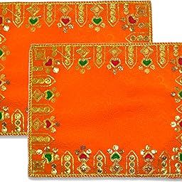 Designer Velvet Embroidered Pooja Aasan Cloth 8X10 inch Orange Cloth for God Idol Sitting, Puja Chowki, Temple Shelf, Ganesh Baithak and Home Mandir Decoration Pack of (2)-image-60