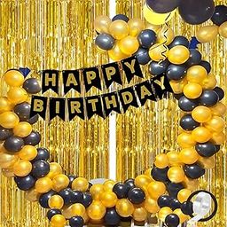 Flyloons Happy Birthday Decoration Items for Boys Girls Men Women Husband with Golden and Black Balloons, Golden Foil Curtain, Black Banner, Arch tape 54pcs Set-image-19