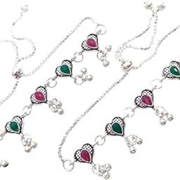 Traditional Silver-Plated Heart Anklets with Pink & Green Enamel, Ghungroo Bells, Set of 2-image-31