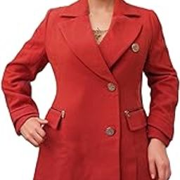 Women's Double-Breasted Winter Coat, Red, Long Sleeves with Zip Pockets, 40" Bust-image-15