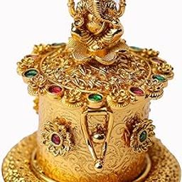 Betterminds Traditional Ganesha Kumkum Box, Sindoor dabbi with flower Design, Gold Finish-image-3