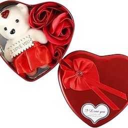 REGAL HOMEWARE Heart Shape Valentine's Day Gift, Best Gift for Girlfriend, 1 Cute Teddy Bear and 3 Rose, Metallic Gift Box Colour Red-image-1
