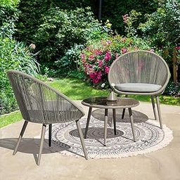 Boss Breeze Outdoor Patio Furniture Set | 2 Chairs + 1 Coffee Table | Grey Braided Rope Design with Cushions | Modern Garden Balcony Terrace Seating Set-image-30