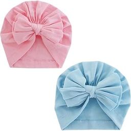 Aashiya 1 Pink with 1 Blue Bow with Cotton Cloth Turban Kont Bow Cap for Baby Girls & Baby Boys Turban Bow Cap Infant Head Cap-image-60