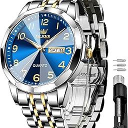 Watch for Men Luxury Dress Analog Quartz Stainless Steel Waterproof Luminous Date Diamond Business Two Tone Casual Wrist Watch, Gold-blue, bracelet-image-33