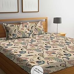 DECOMIZER 300 TC Cotton Feel Glace Cotton Elastic Fitted Printed King Size Double Bed Bedsheet with 2 Pillow Coverm Fits Upto 8 inches Mattress,Size- 72x78x10 Inches,Beige Anokhi-25