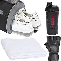 Gym Combo of 4 Polyester Gym Bag with Shoe Compartment, Black Shaker Bottle, Black Gym Gloves and Towel Gym kit for Men and Women (Combo of Gymbag/Shaker/Towel/Gloves_04)-image-72