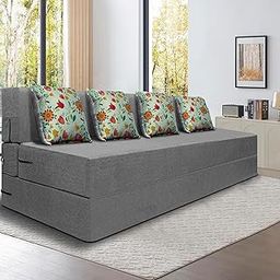SOFA SANCTUARY Four Seater Sofa Cum Bed | Jute Fabric Washable Cover | 4 Cushions | Grey Color | 6' X 6' Feet-image-42