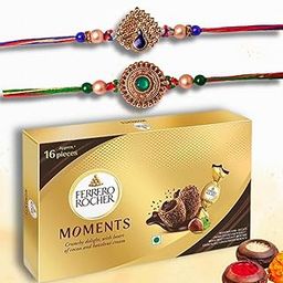 Gifticon Rakhi for Brother with Chocolate Combo Gift Set - Designer Rakhi for Brother Bhaiya with Ferrero Moments Chocolates Pack - Rakhi Set of 2 | IB-2R-Mom-MoreGreenPendal-29
