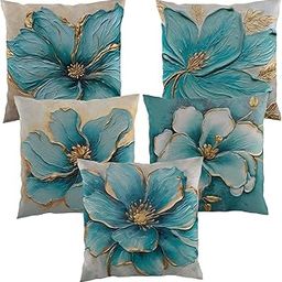 SCPmarts Flower Printed Cushion Cover Home Decorative Covers for Sofa Soft Solid Square Throw Pillow Cushion Covers Satin Cushion Covers Set of 5 Size 16 x 16 Inch (Design 12)-image-85