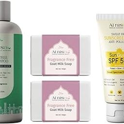 AL NISA Hajj/Umrah Kit Fragrance Free Goat Milk Handmade Soap Set 2 100gm each x 2 and Herbal Hair Shampoo 250ml with Sweat Free Sunscreen Gel Spf 50+ 50ml Combo Set of 4-14