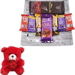 SFU E Com Bournville, Silk Chocolate Gift Hamper With Tray | Valentine Teddy Bear With Chocolate Combo | Valentine Chocolate Hamper | 552-15