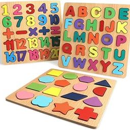 Vrakshaya Wooden Puzzles for Toddlers, Alphabet Number Shape Learning Puzzle for Kids Ages 3 4 5, Montessori Toys Preschool Education Chunky Jigsaw for Boys and Girls (Set of 3)-image-26