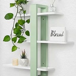 Dence Store Floating Wall Shelves 3-Tier Mounted Shelving Unit; Large Decorative Shelf for Home Storage, Ideal for Plants and Photos in Bedroom, Living Room, or Office-Mint Green&White-19
