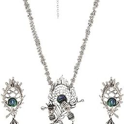Oxidised Silver Morpankh and flute Necklace chain Set for Women & Girls (Silver)-image-75