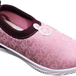 Women's Slip-On Walking Shoes, Pink Textured Pattern, Elastic Collar, White Sole-image-3
