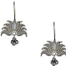 Vintage Lotus Hook Earrings with Ghungroo for Girls & Women | Light Weight Silver Replica Brass Lotus Earrings in Oxidized Silver Finish-image-70