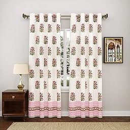 BLOCKS OF INDIA Hand Block Printed Cotton Daylight Semi Sheer Curtains With Eyelets(Set Of 2 Curtains) (Flower 3, 7 Feet/Door), Pink-image-59