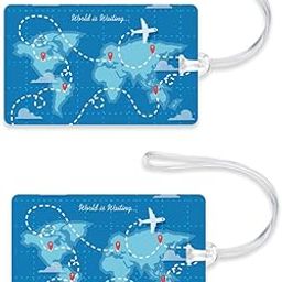 Rhymex Around The World Travel Luggage Tags | Set of 2 Airplane & Map Design Bag Tags in Blue | Waterproof-image-21