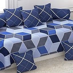Gurnoor Soft Glace Cotton Coordinate Diwan Set, 1 Single Bedsheet, 2 Bolster Covers, 5 Cushion Covers (Blue, Standard)-image-17