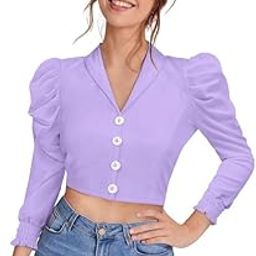 Women's Puff Sleeve Crop Blazer Top, Button Front Crop Top, Lapel Lapel Collar top for Women| Crop top for Woman-image-3