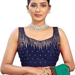 Readymade Saree Blouse for Women | Silk Blend Sequence Embroidery Sleeveless Blouse | Stitched Padded Blouse-image-16