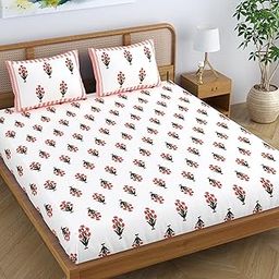 Colorish Cotton Blend Ethnic Bloom King Size Double Bedsheet with 2 Pillow Covers - Peach Bloom-image-91