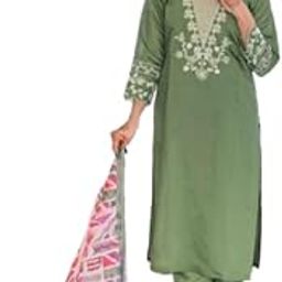Women's Cotton Embroidered Kurta with Palazzo Set, Olive Green-image-3